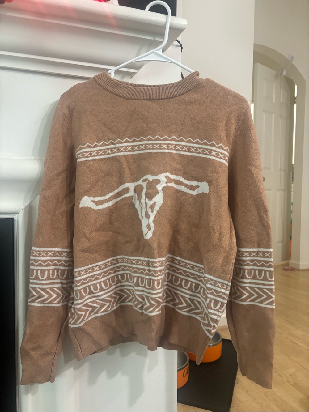 Women’s Brown Longhorn Pattern Crewneck Sweater